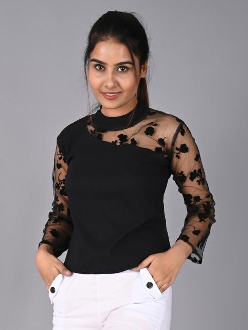 Selvo Net Sleeves Party Wear Women's Top Black