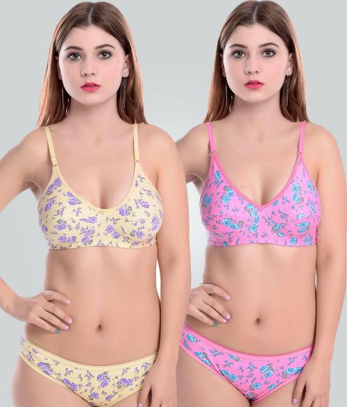 In-Curve -Women Cotton Bra Panty Set for Lingerie Set ( Pack of 2 ) ( Color : Yellow,Pink )