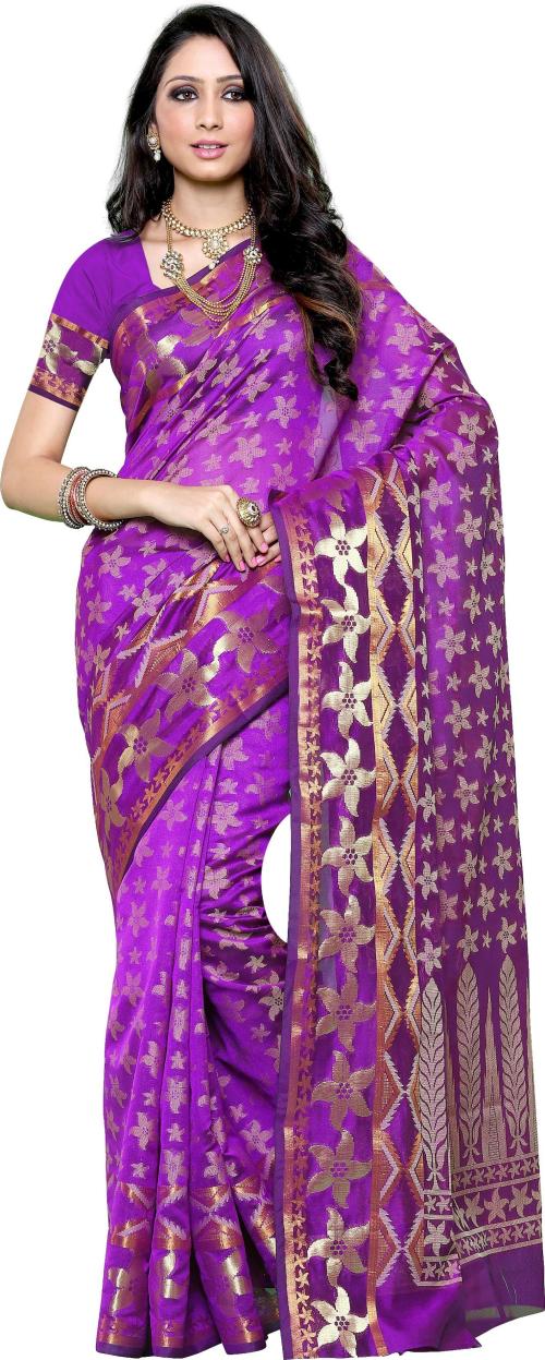 Mimosa Women Purple Cotton Blend Kanjivaram Saree