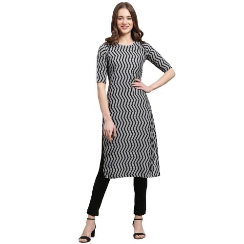 1 Stop Fashion Crepe Grey & Black Color Zig Zag Printed Straight Kurti