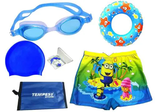 TEMPEST Boy Swimming Kit with 1 Swimming Shorts | Costume | Trunk Swimming 1 Anti Fog Swimming Goggles 1 Silicone Swimming Cap 1 Nose Clip 2 Ear Plugs
