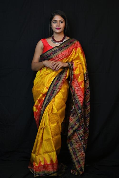 BigRayn Yellow lines Sachipar Odisha Handloom Khandua Silk Saree-Odisha Weaves