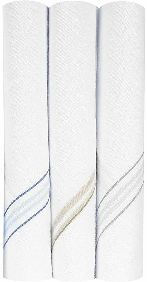 S4S Lining Design 100% Cotton Premium Collection Handkerchiefs Hanky for Men, Set of 3 (White)