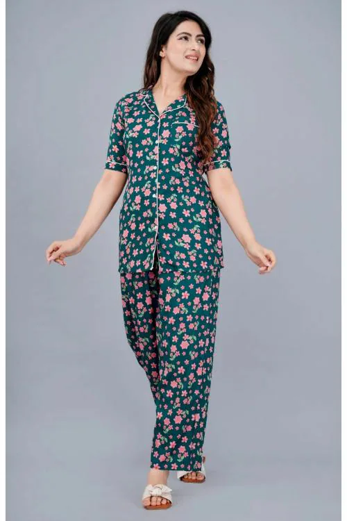 Mintmarie Women's Printed Night Suit Shirt & Pajama Set (XXL)