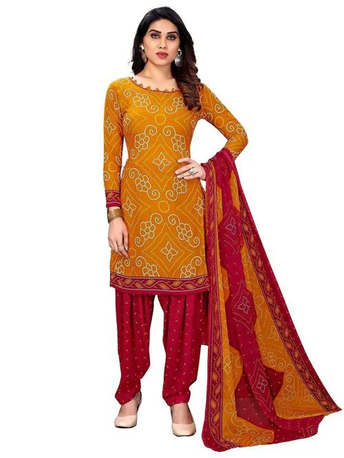 Sidhidata Women's Women's Crepe Printed Patiyala Salwar Suit Dress Material Suit Yellow, Red