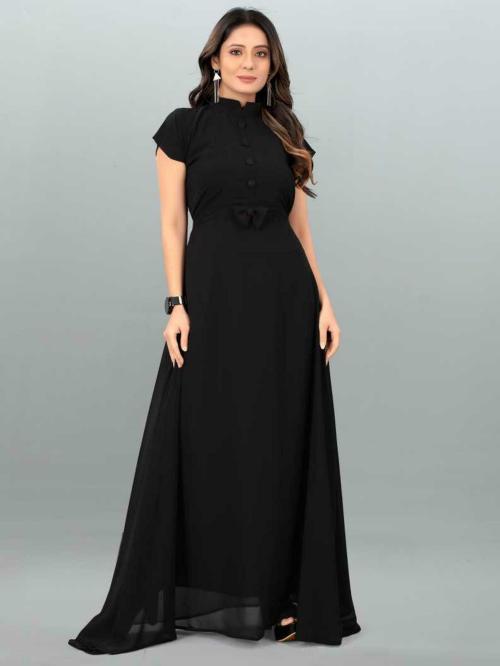 FEMVY Women Black Georgette A-line Gown Dress (L)
