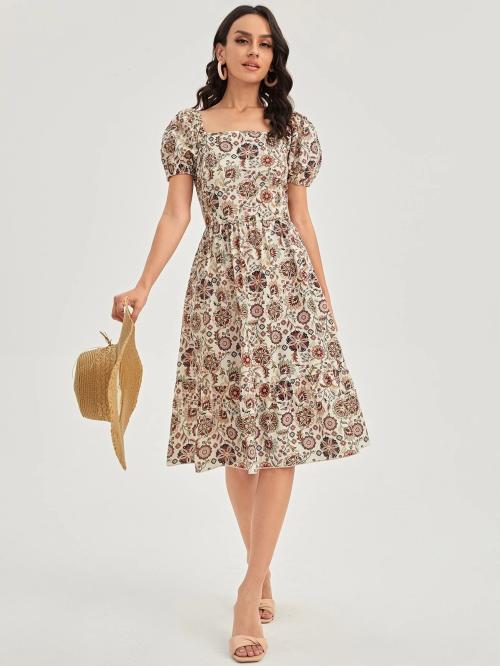 Clothzy Women's Beige Color Square Neck Half Sleeve Lycra Dress