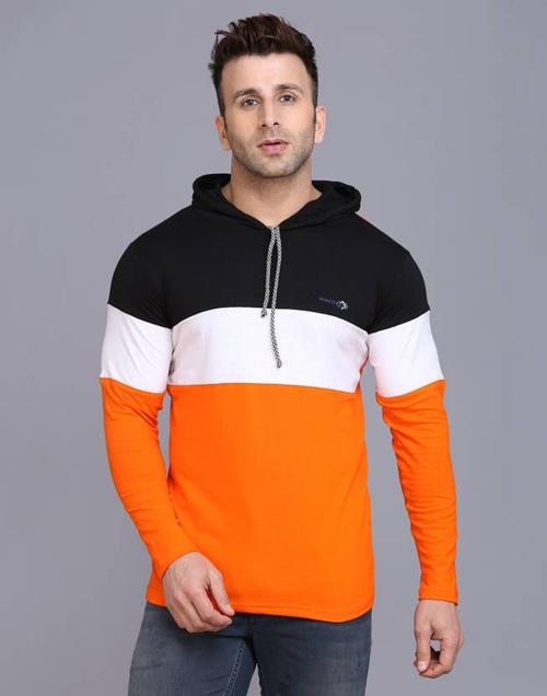 TRINGO TRINGO Men Colorblock Hooded Neck Cotton Blend White, Black, Orange T-Shirt