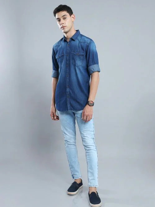 18 PLUS Eighteen Plus Men's Denim Cutaway Collar Slim Fit Full Sleeve Casual Shirt Dark Blue