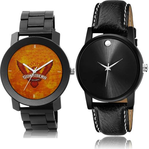 GROOT New Rich Sunrisers Hyderabad (Srh) Ipl Chain And Sports Black Colour Analog Metal And Genuine Leather Belt 2 Watch Combo For Boys And Men - IPL18-B763