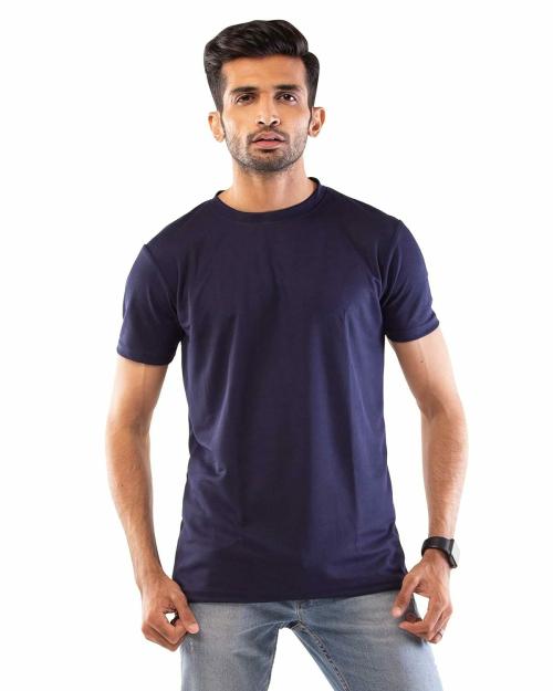 Lappen Fashion Polyester Dry-Fit Western T-Shirt for Men's | Round Neck, Half Sleeves | Regular Plain Solid Tshirts | for Dry Fit, Sports, Gym, Running Stretchable Fit | Tees for Boys & Men's - (Dark Blue) L