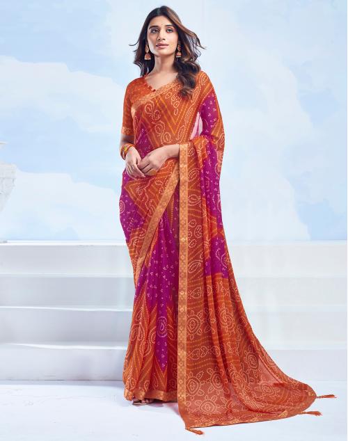 Siril Chiffon Magenta & Orange Color Saree with Blouse piece