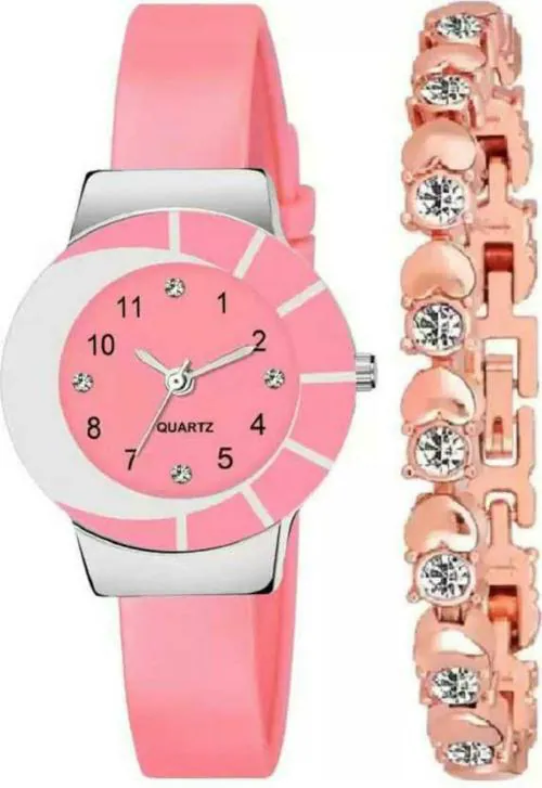 Selloria Analog Pink Dial and Strap Watch with Rose Gold Bracelet for Boys