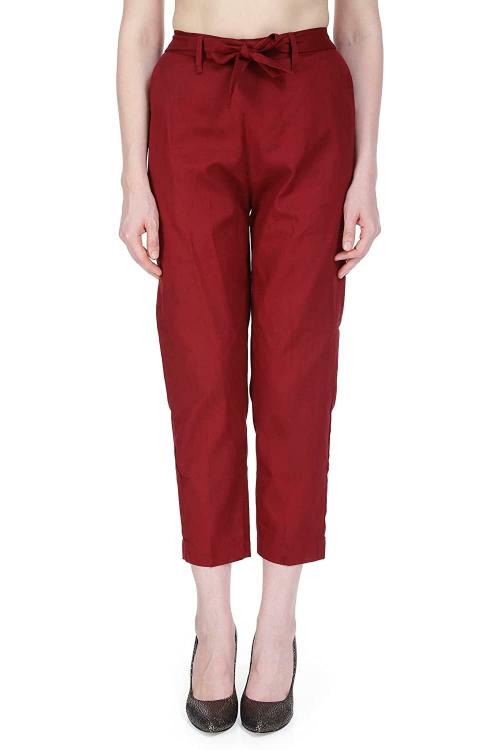 Plus Size Women Red Solid Cotton Trouser