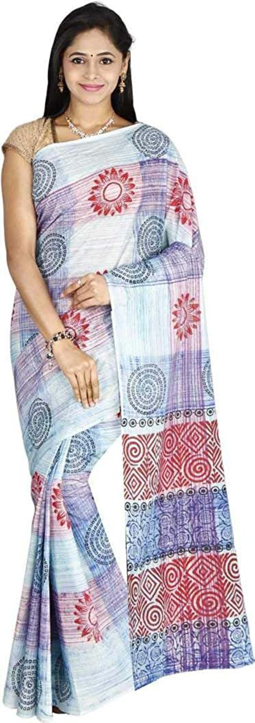 Fashionkiosks Women White And Blue Cotton Blend Kerala Kasavu Saree With Blouse Piece