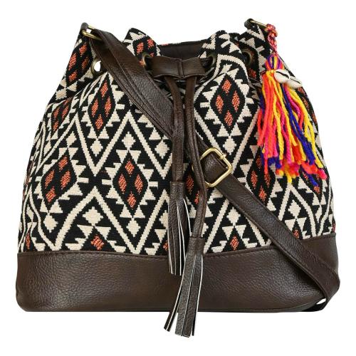 Vivinkaa Brown Leatherette, Cotton Bucket Bags For Women