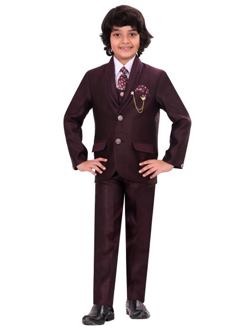 BT Dezines Kids 5 Piece Coat Pant Suit Set For Boys (5-6 Years, Wine)