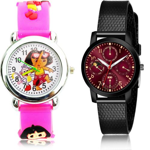 TIMENTER Modern Wrist Dora The Explorer Kids Pink And Black Colour Analog Plastic Belt 2 Watch Combo For Women And Girls - GC196-(12-L-10)