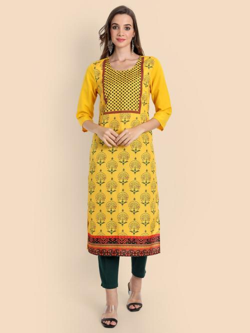 SOAN Women Yellow Abstract Crepe Straight Kurta (L)
