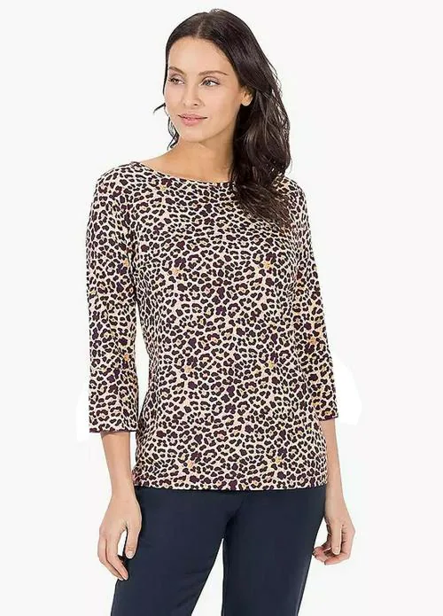 eDESIRE Women Top Crepe Fabric Leopard Animal Tiger Print 3/4 Sleeve Casual Regular Fit T shirt Top