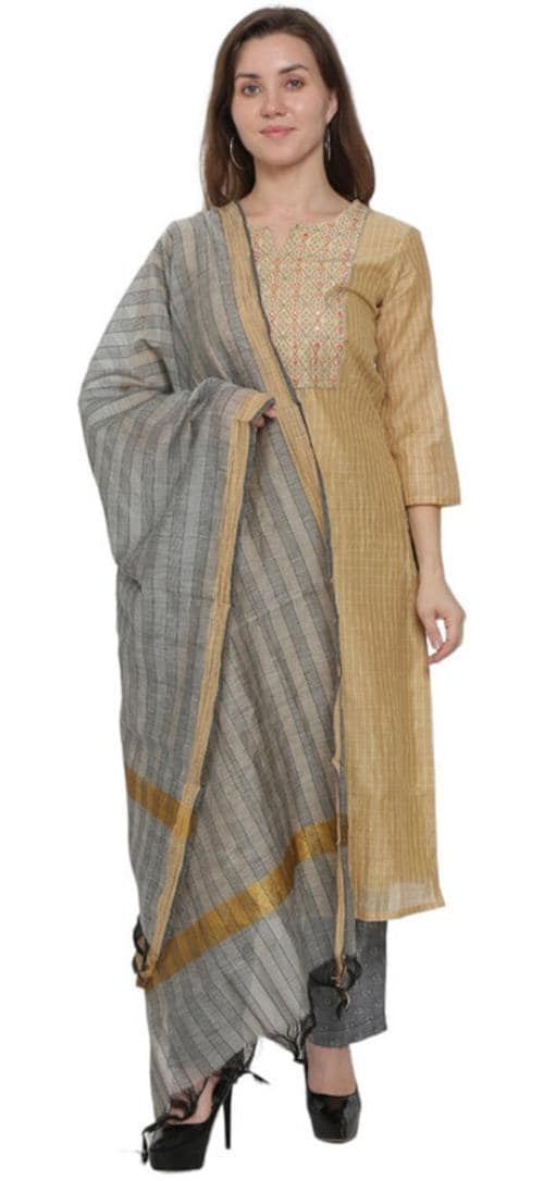 Neeed Women Gold, Grey Printed Cotton Silk Kurta, Salwar And Dupatta Set (L)