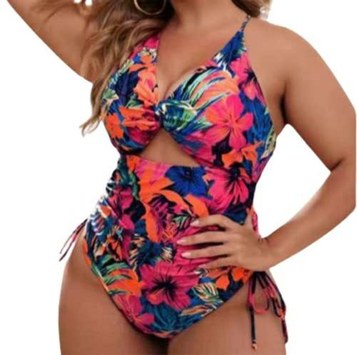 Plus Curvves Plus Size Floral Print Cutout Drawstring One Piece Monokini - 6XL Multicolour