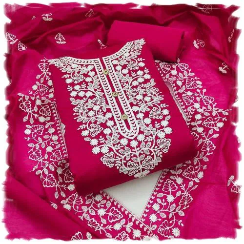 Sidhidata Women's Heavy Cotton Embroidery Work Unstitched Salwar Suit Dress Material With Chanderi Work Dupatta Rani