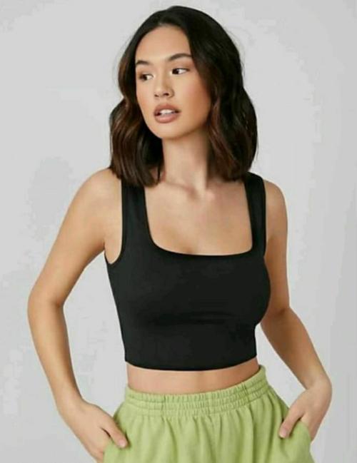 BerdNerd Women's & Girls' Solid Cotton Ribbed Square Neck Sleevless Crop Tank Tops-Black-XS