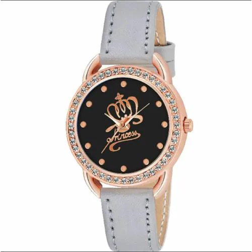 KIROH Analogue Princess Designer Dial Leather Strap Watch for girls and women(Grey)