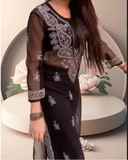 KAGU Kinger Look Women Chikan Embroidery Ethnic Dress Kurta (Black)