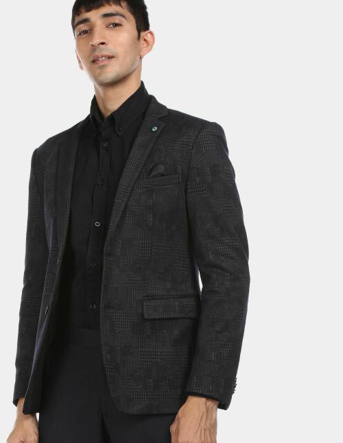 Arrow New York Men Dark Blue Self-Design Cotton Blend Blazer