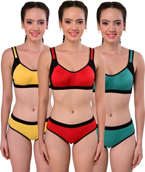 Yana Women Yellow, Green, Red Solid Cotton Blend Set Of 3 Bra And Panty (34)