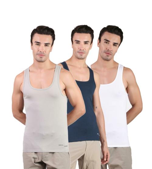 FREECULTR Men's Light Grey, Navy, White Solid 100% Cotton Vest