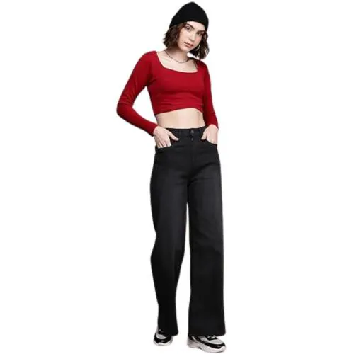 LVANSH Women Denim Stretchable Wide Leg High Waist Premium Ice Black Jeans for Women Baggy Black Jeans for Women Black-32