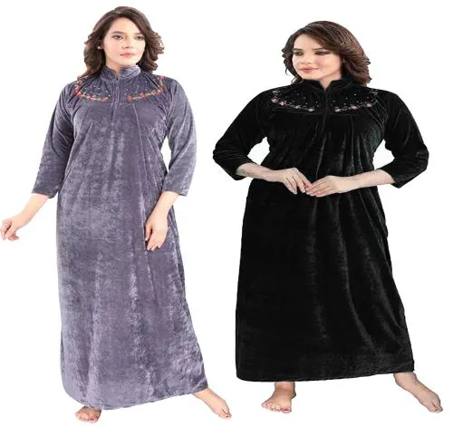 Women's Nighty Combo Nightdress Velvet Warm Fabric Women Maxi Woolen Nighty/Warm Shaneel/Velvet Nighty, Fabric Woolen Maxi Night Gown/ Nighty for Women (Pack of 2) (Grey, Black)