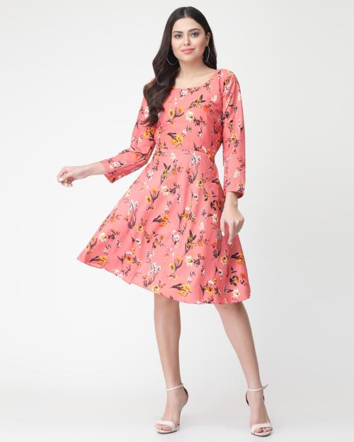 Miss Ayse Women's Crepe Fabric Peach Color Floral Printed A-line Short Dress For Women