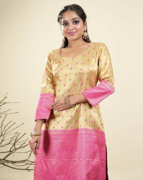 HALFSAREE STUDIO Chiku Rani Banarasi Silk Zari weaving Brocade Kurti