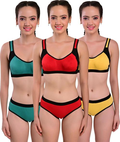 Yana Women Yellow, Green, Red Solid Cotton Blend Set Of 3 Bra And Panty (30)