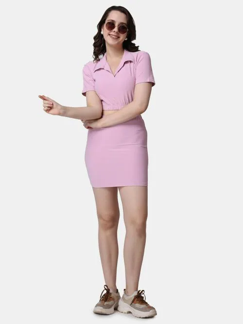 Popwings Casual Pink Solid Crop Top & Pencil Skirt Co-Ords Set For Women | Top and Bottom Set For Women