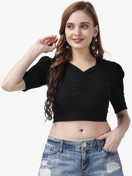Popwings Casual Solid Black Rib Self Design Women Crop Tops ! Sweetheart Neck White Ribs Self Styling Girls Crop Top