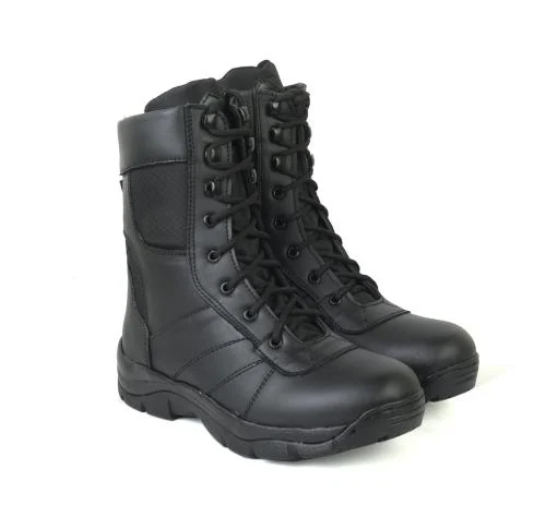 XHUGOY 011 Genuine Black Leather Military Men's Combat Boots -High Ankle - High Top Lace With Chain