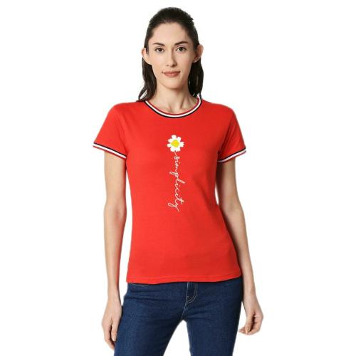 Bewakoof Women's Simplicity Daisy Crewneck Varsity White Multi Round Neck Half Sleeve T-shirt