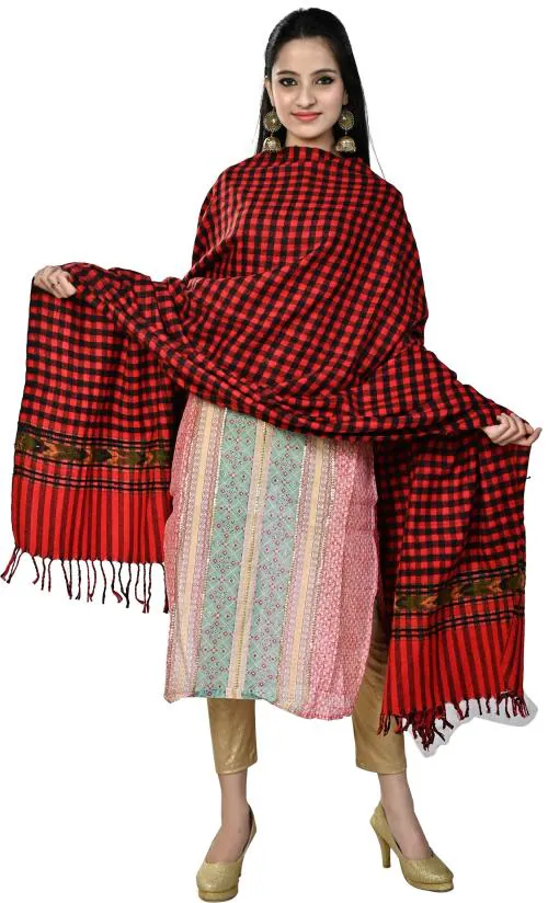FusFus Women Red and Black Checkered Wool Shawl - Free Size