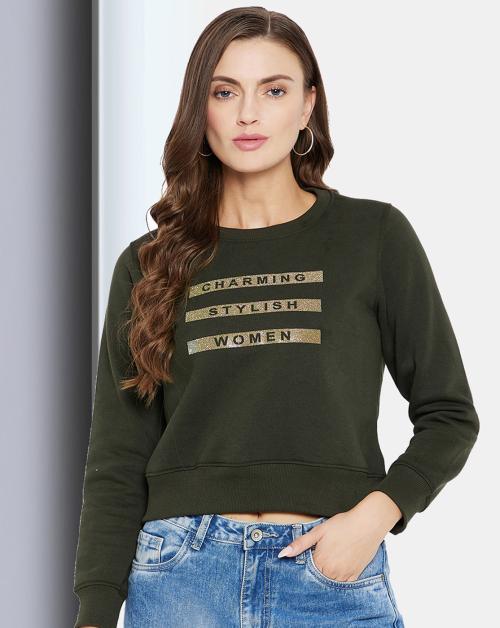 CLAPTON Women's 100% Cotton Olive Full Sleeves Printed Round Neck SweatshirtNV8413-B-OLIVE_XL