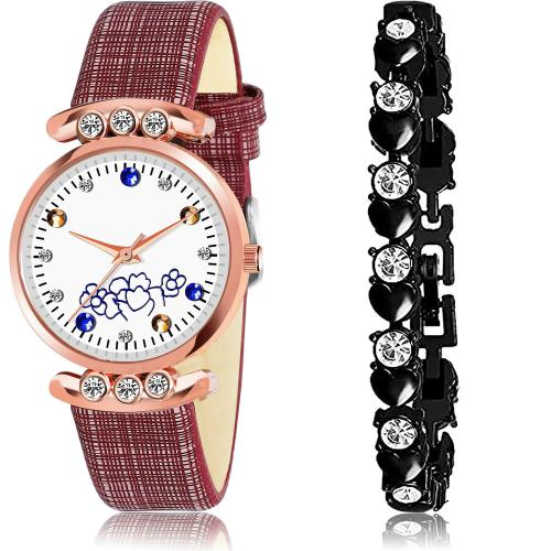 GROOT Latest Present Simple And Bracelet Red And Black Colour Analog Genuine Leather And Metal Belt 2 Watch Combo For Women And Girls - GW5-GX10