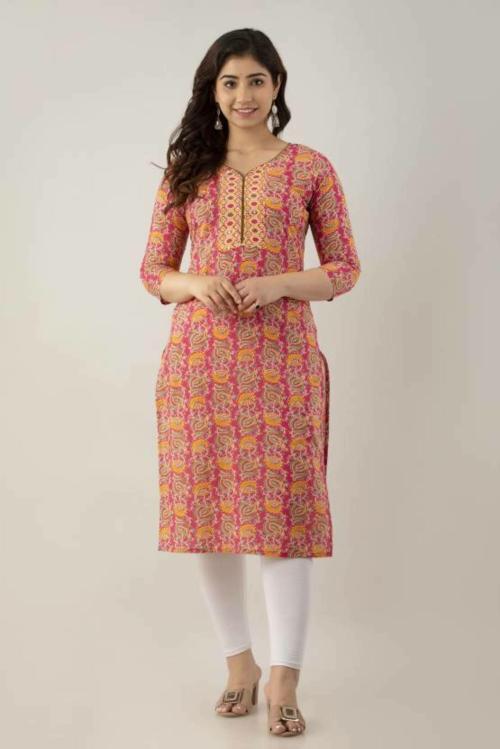 Sreejaa Women Printed Cotton Blend Straight Kurta  (Pink)