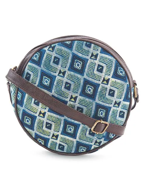 NEPRI Vegan Leather Handmade Bag For Women | Round Sling Bag | Printed Ajrakh , Diamond Indigo