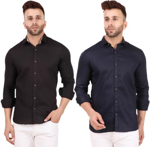 Allan Peter Men Black and Dark Blue Solid Pure Cotton Casual Shirt- Pack of 2
