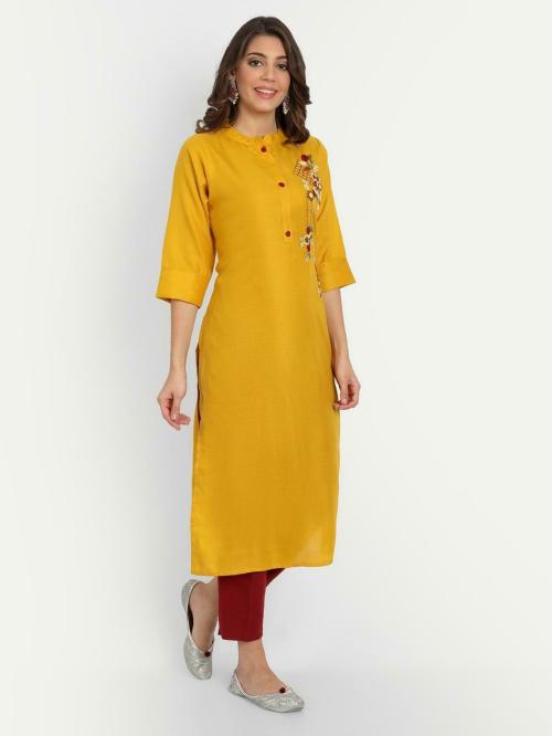 SIYANIC Women Yellow Embroidered Cotton Blend Women Straight Kurta L