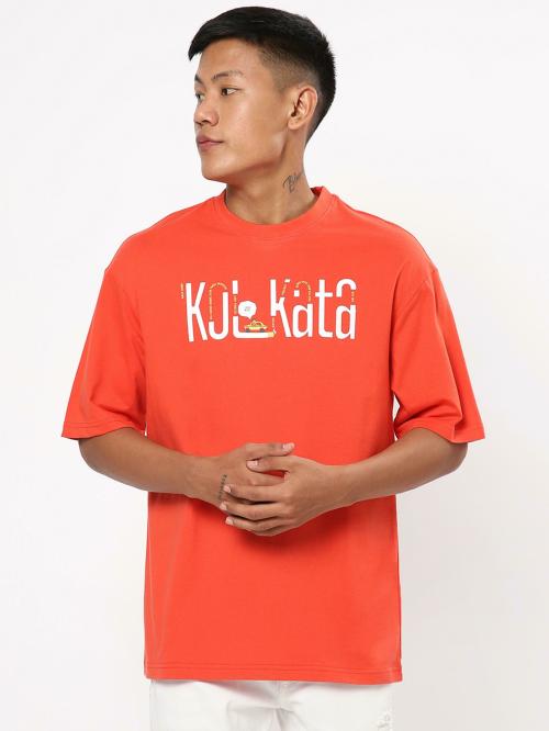 Bewakoof Men's Red Kolkata Doodle Typography Round Neck Short Sleeve Oversized T-shirt
